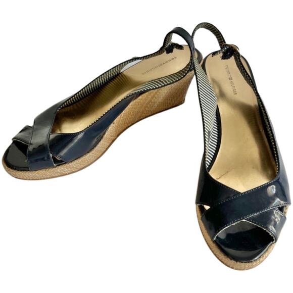 Tommy Hilfiger Navy Blue Patent Peep Toe Slingback Wedge Espadrille size 8.5 - Picture 1 of 7